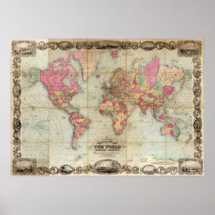 Antique World Map by John Colton, circa 1854 Poster