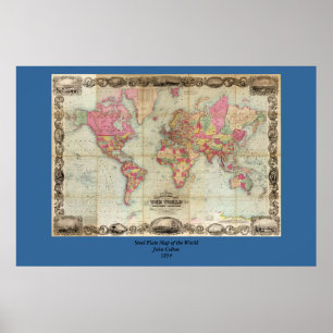 Antique World Map by John Colton, circa 1854 Poster