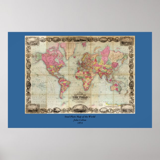Antique World Map by John Colton, circa 1854 Poster (Front)