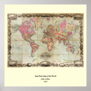 Antique World Map by John Colton, circa 1854 Poster