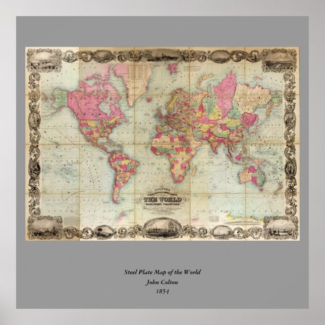 Antique World Map by John Colton, circa 1854 Poster (Front)