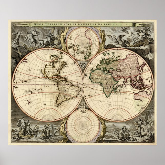Antique World Map by Nicolao Visscher, about 1690 Poster (Front)