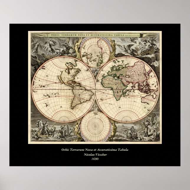 Antique World Map by Nicolao Visscher, circa 1690 Poster (Front)