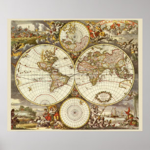 Antique World Map, c. 1680. By Frederick de Wit Poster