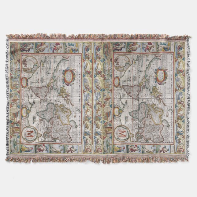 Antique World Map custom monogram throw blanket (Front)