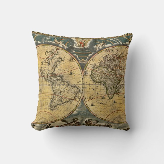 Antique World Map Distressed #2 Cushion (Front)