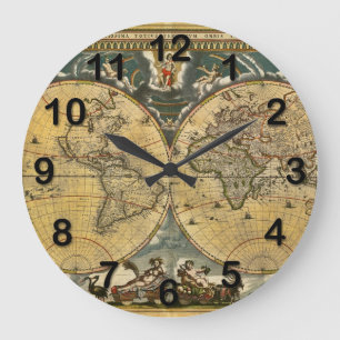 Antique World Map Distressed #2 Large Clock