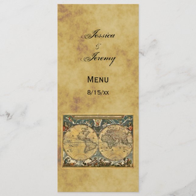 Antique World Map Distressed #3 Menu Cards (Front)
