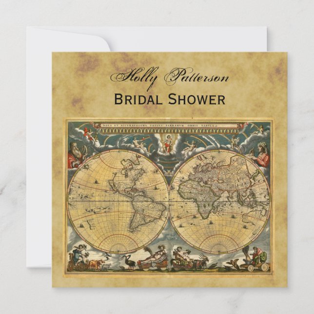 Antique World Map, Distressed BG SQ Bridal Shower Invitation (Front)