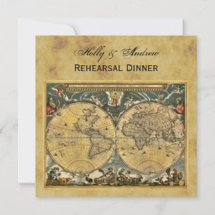 Antique World Map, Distressed BG SQ Rehearsal Din Invitation