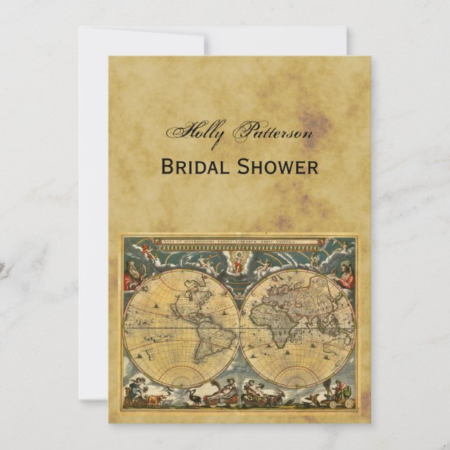 Antique World Map, Distressed BG V Bridal Shower Invitation (Front)