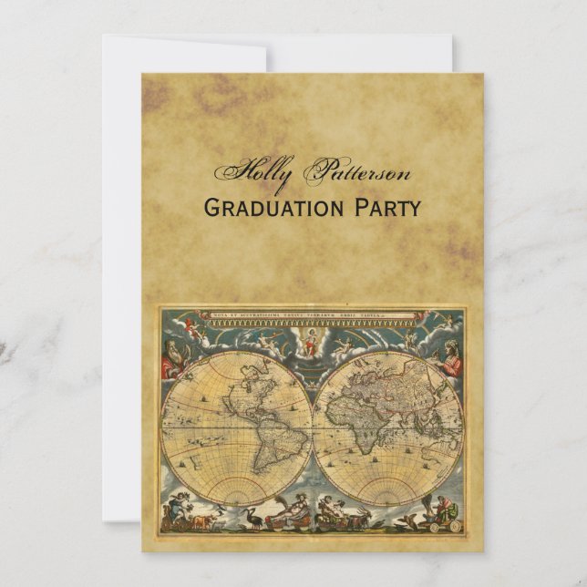 Antique World Map, Distressed BG V Graduation Invitation (Front)