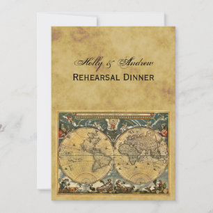 Antique World Map, Distressed BG V Rehearsal Din Invitation