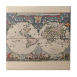 Antique World Map: Historical Cartography Art Ceramic Tile