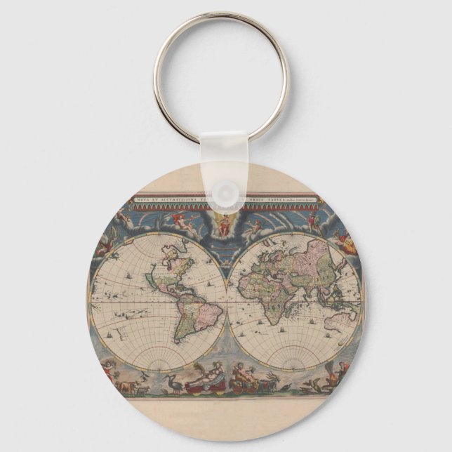 Antique World Map: Historical Cartography Art Key Ring (Front)