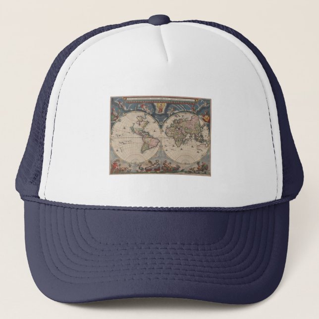 Antique World Map: Historical Cartography Art Trucker Hat (Front)