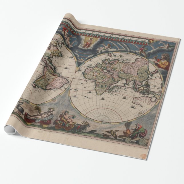 Antique World Map: Historical Cartography Art Wrapping Paper (Unrolled)