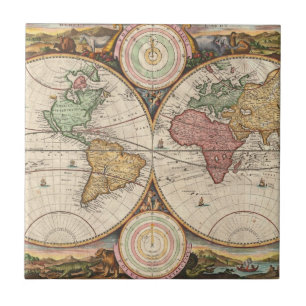 Antique World Map in two Hemispheres   Ceramic Tile