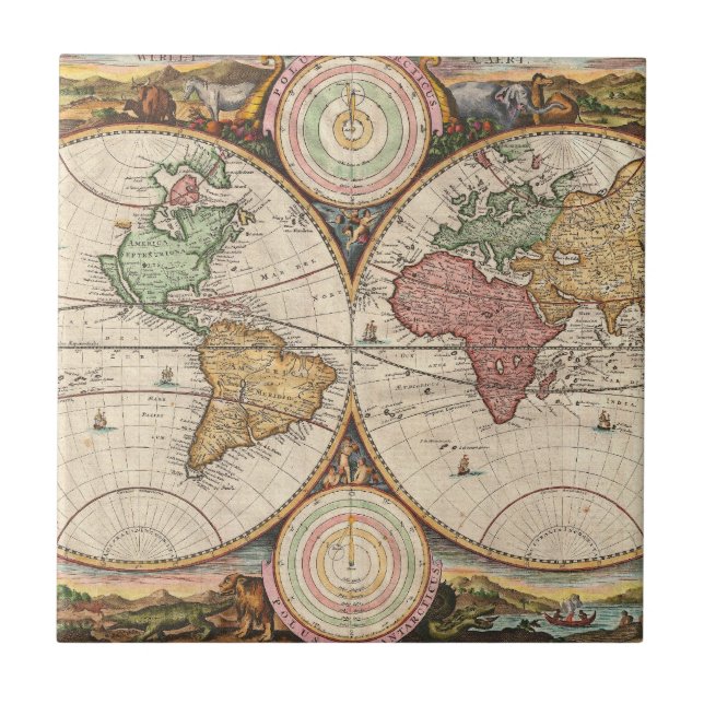 Antique World Map in two Hemispheres   Ceramic Tile (Front)