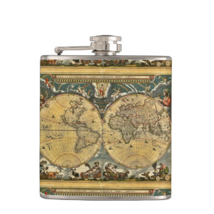 Antique World Map - Joan Blaeu - 1664 Hip Flask