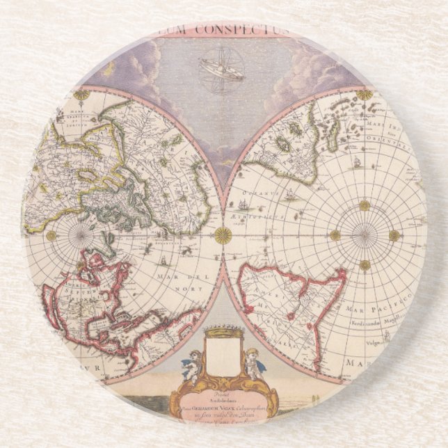 Antique World Map Lithograph Elegant Coaster (Front)