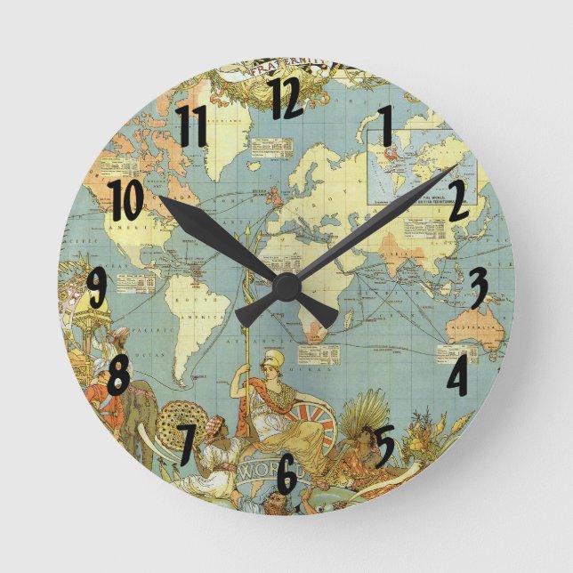 Antique World Map of the British Empire, 1886 Round Clock (Front)
