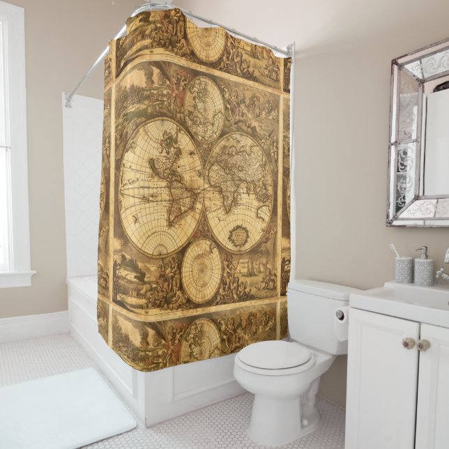 Antique World Map Shower Curtain (In Situ)