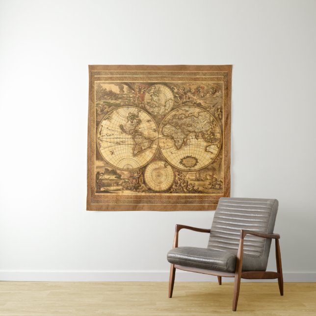 Antique World Map Tapestry (In Situ)