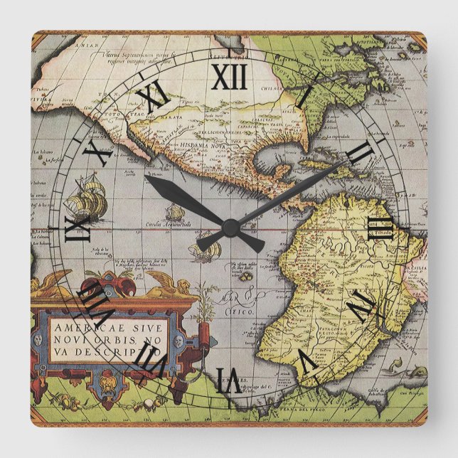 Antique World Map the Americas by Abraham Ortelius Square Wall Clock (Front)