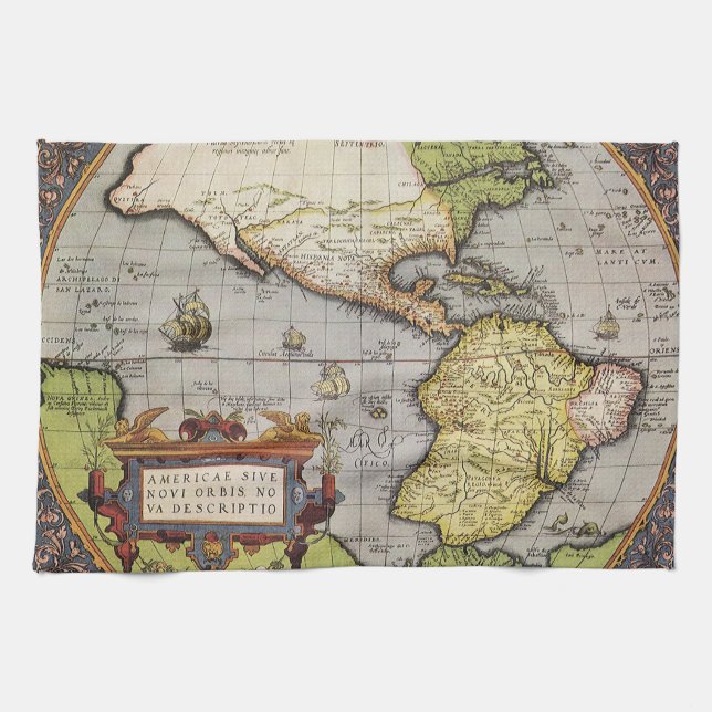 Antique World Map the Americas by Abraham Ortelius Tea Towel (Horizontal)