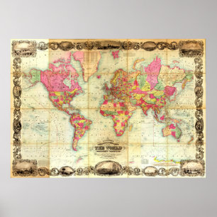 Antique World Map Vintage Cartography Poster