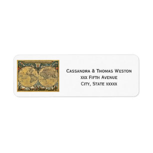 Antique World Map White BG Return Address Return Address Label