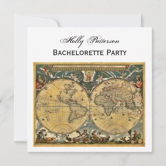 Antique World Map, White BG SQ Bachelorette Invitation (Front)