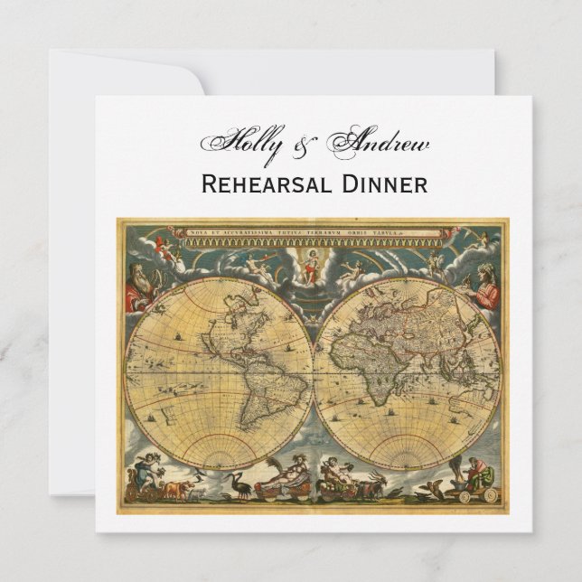 Antique World Map, White BG SQ Rehearsal Din Invitation (Front)