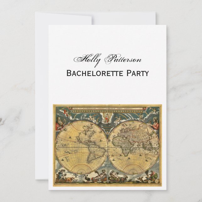 Antique World Map, White BG V Bachelorette Invitation (Front)