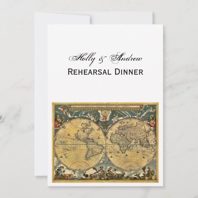 Antique World Map, White BG V Rehearsal Din Invitation (Front)