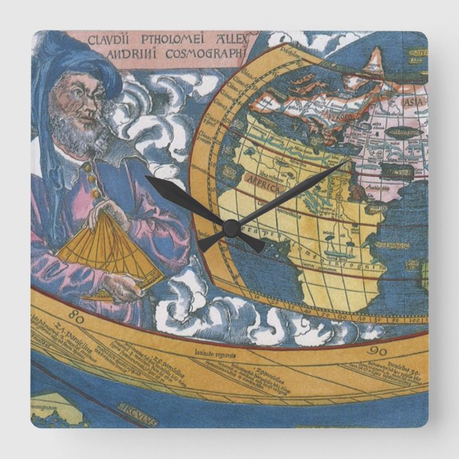 Antique World Map with Claudius Ptolemy, 1507 Square Wall Clock (Front)