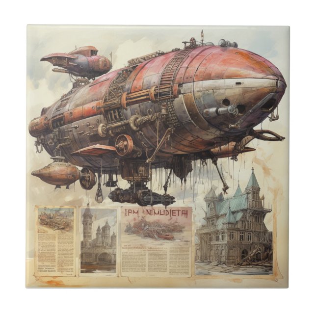 Antique Zeppelin Copper Brass Airship Ceramic Tile (Front)