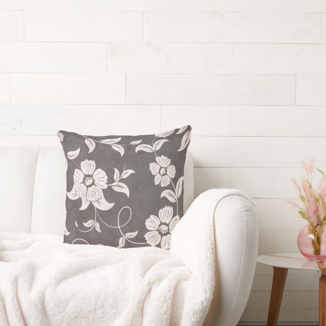 Antiqued  Brown Black Vintage White Flowers Cushion (Couch)