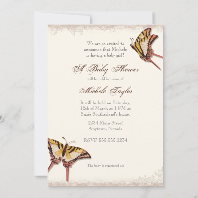 Antiqued Victorian Rose Girl Baby Shower Invite (Front)