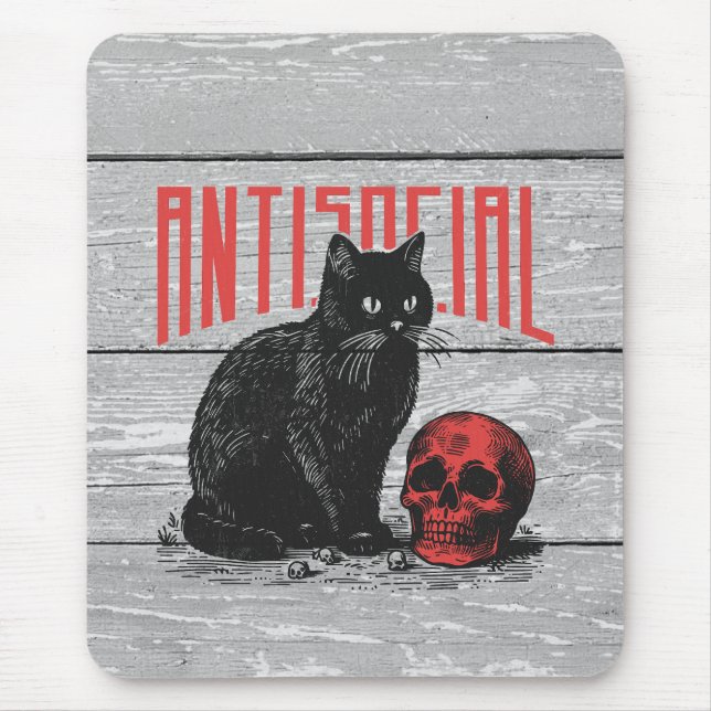 Antisocial Cat and Skull Mouse Pad (Front)