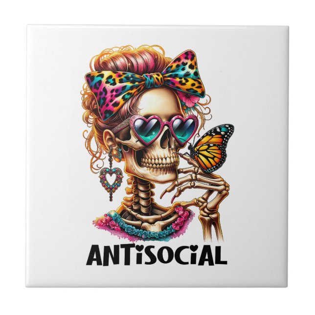 Antisocial Skeleton Lady Ceramic Tile (Front)