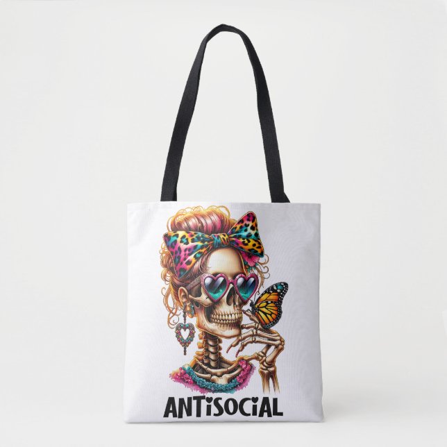 Antisocial Skeleton Lady Tote Bag (Front)