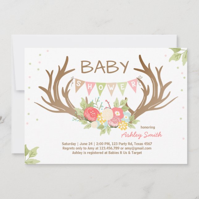 Antler Baby Shower Invitation Deer Woodland Floral (Front)
