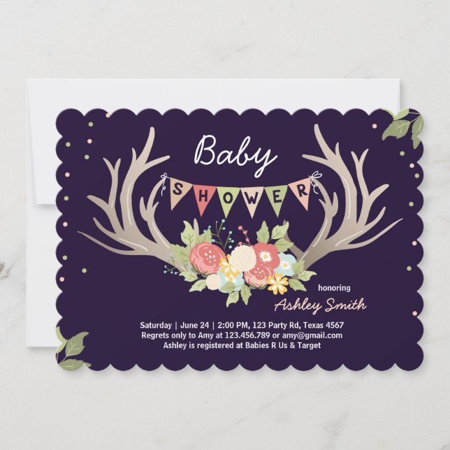 Antler Baby Shower Invitation Deer Woodland Floral (Front)