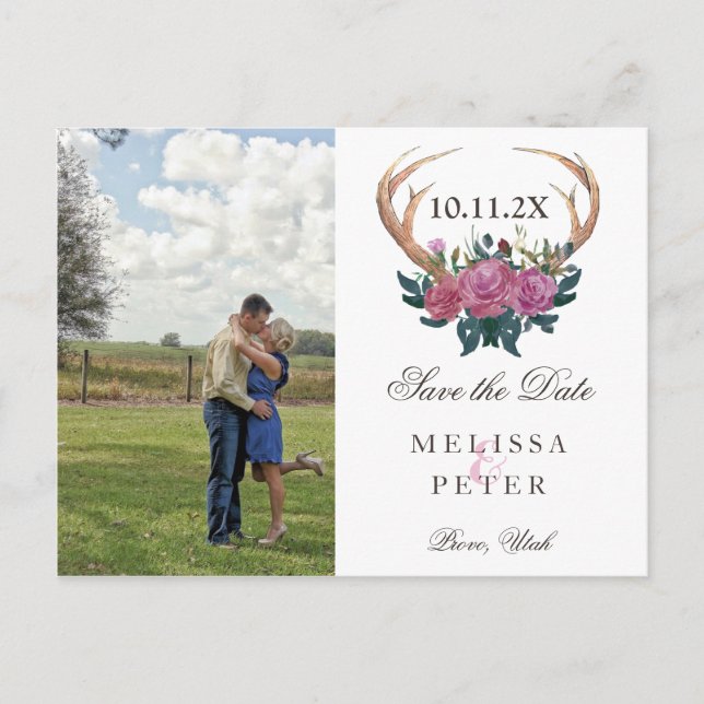 Antler deer rustic chic save the date postcard (Front)