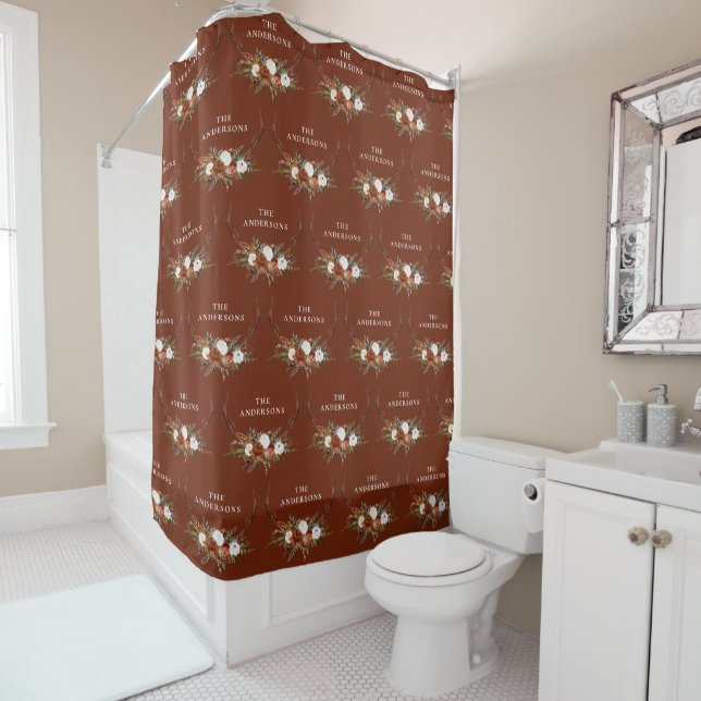 Antler terracotta sage green botanical floral chic shower curtain (In Situ)