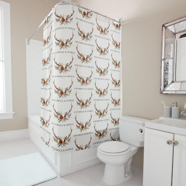 Antler terracotta sage green botanical floral show shower curtain (In Situ)