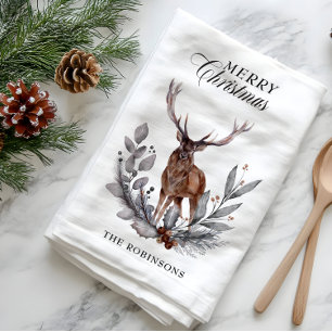 Antlered Deer Buck Wreath Merry Christmas  Tea Towel
