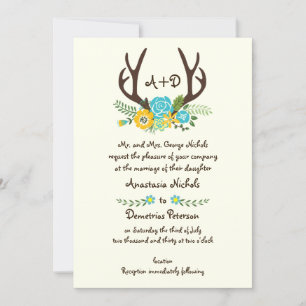Antlers and aqua flowers monogram woodland wedding invitation